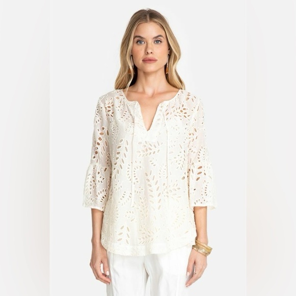 Johnny Was Jade Bianka Cream Lace Eyelet Blouse Silk Cotton Blend XS - Picture 1 of 7